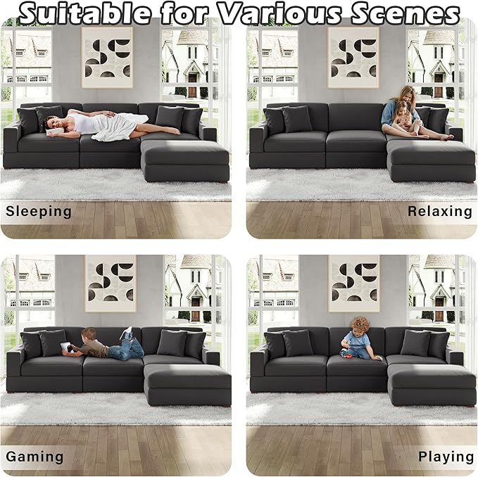 Modular Sectional Couches for Living Room, 118" Modern Upholstered Sofa Couche with Ottoman for Living Room Bedroom, Grey