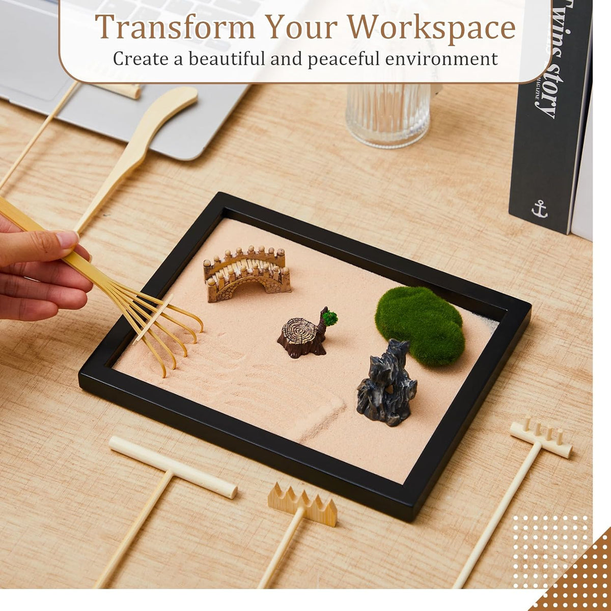Soulchen 8 Pcs Mini Zen Garden Kit for Desk Decor DIY Your Own Zen Garden 8.5" x 6.7" Japanese Sand Tray 6 Rake Tools Meditation Gifts Set for Home Office Desktop Accessories Therapy Stress Relief