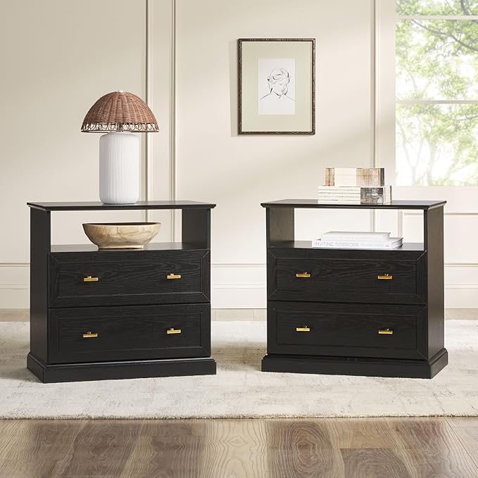 Walker Edison 2- Pack Clyde Modern Farmhouse 2 Drawer Nightstands with Shelf, 26 Inch, Black