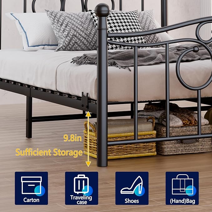 Metal Queen Single Bed Frame with Scroll Design, 82.7" in Steel Bed Frame with Protective Foot Pads, Strong Bearing Capacity Queen Size Bed, Easy Assembly, Underbed Storage Space（43.3 inch）