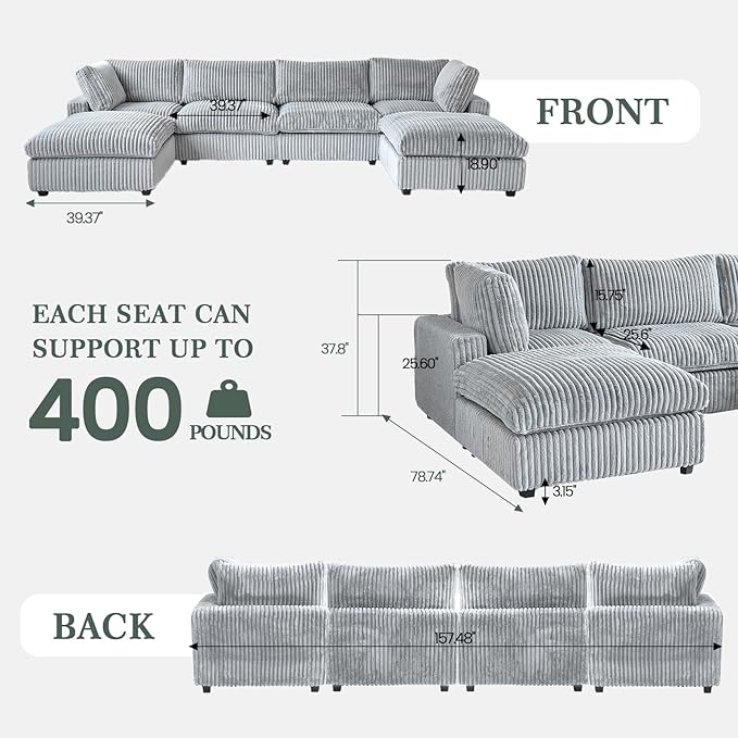 Sectional Couches for Living Room, U Shaped Couch with Chaise Ottoman, 6 Piece Modular Sectional Cloud Couch with Removable Covers, Modern Modular Sofa for Home Office, Gray