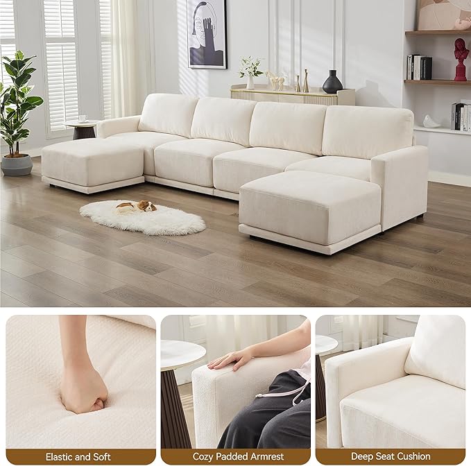 143.8" Modular Sectional Sofa Modern Chenille U-Shaped Couch with Thickened Seat Cushions, Easy Assembly, Upholstered 6 Seater Couch with 2 Movable Ottomans for Living Room, White