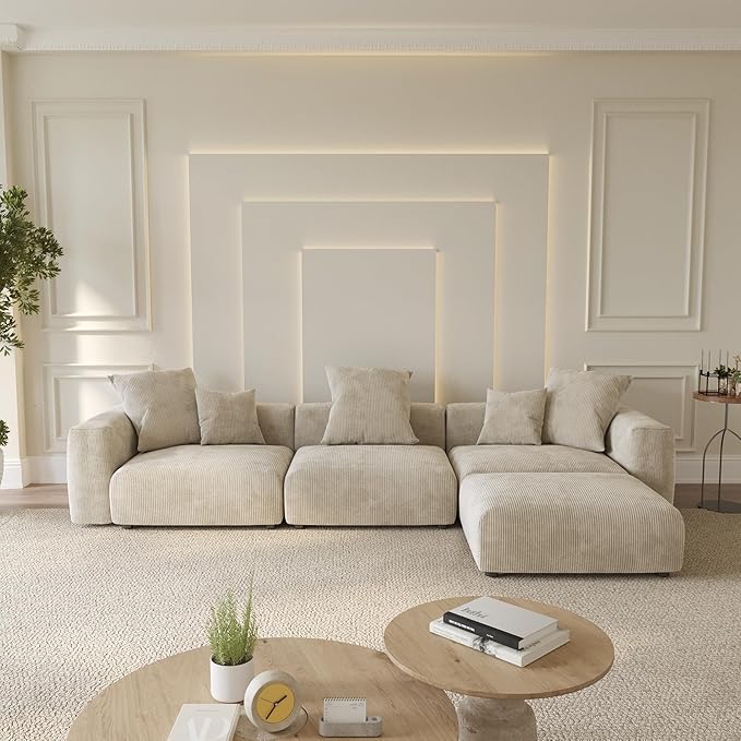 WJShome Cloud Couch Modular Sectional Sofa,141.73inch L Shaped Couch,Oversized Corduroy Couches with Ottoman and Pillows, Beige 4 Seaters Cushion Covers Removable& Washable