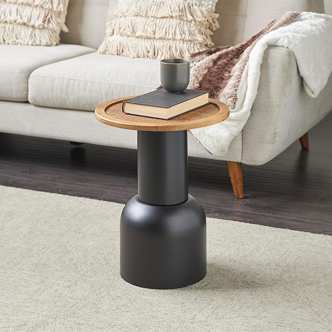 Deco 79 Metal Handmade Side End Accent Table Pedestal End Table with Brown Rattan Tabletop, Side Table 16" x 16" x 20", Black