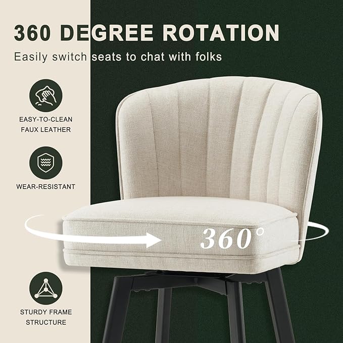 Swivel Counter Height Bar Stools Set of 3, 26'' Modern Barstools with Backs and Metal Legs, Upholstered Bar Chairs, Beige, Fabric Stools for Kitchen Island Chairs