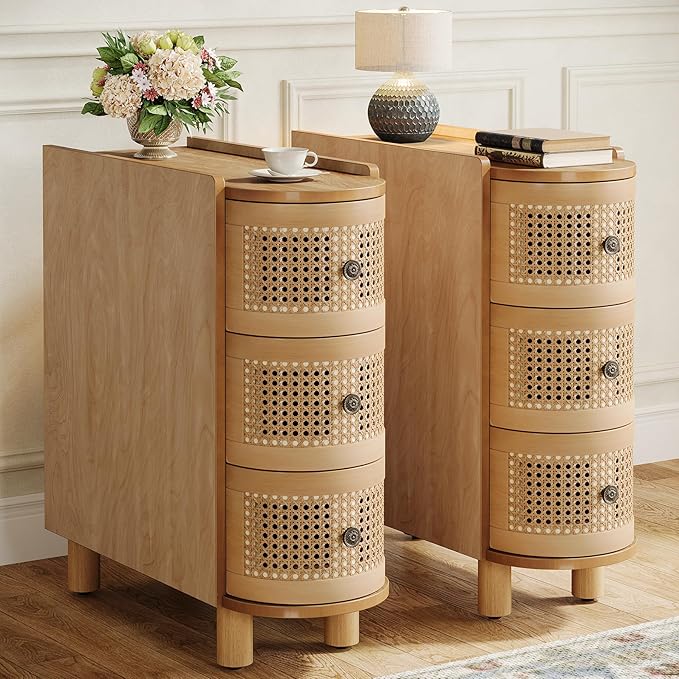 Tribesigns Solid Wood End Table, 3-Drawer Rattan Side Table, Night Stand with 3 Rattan Drawers and Exquisite Embossed Handles for Living Room, No Assembly Required (2, Oak)