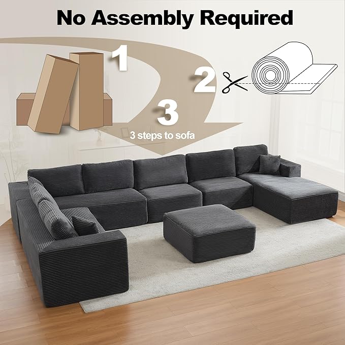 Modular Sectional Cloud Couch for Living Room,Modern Boneless Couche Set with Plush Corduroy,Comfy Floor Sofa with Memory Foam,Stupendous U Shaped Sofa with Ottoman,No Assembly Required,Grey
