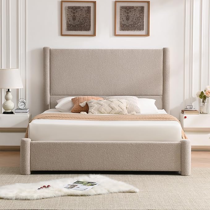 VELOCAVA King Size Upholstered Bed Frame with 51.77" Tall Headboard and Soft Rounded Corners, 2 Storage Drawers, 12-Slat Support, No Box Spring Needed, Linen-Blend Fabric, Beige
