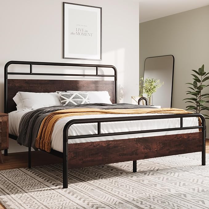 Allewie Queen Size Platform Bed Frame with Wooden Headboard and Footboard, Heavy Duty 13 Metal Slats Support, Under-Bed Storage, No Box Spring Needed, Noise Free, Easy Assembly, Mahogany