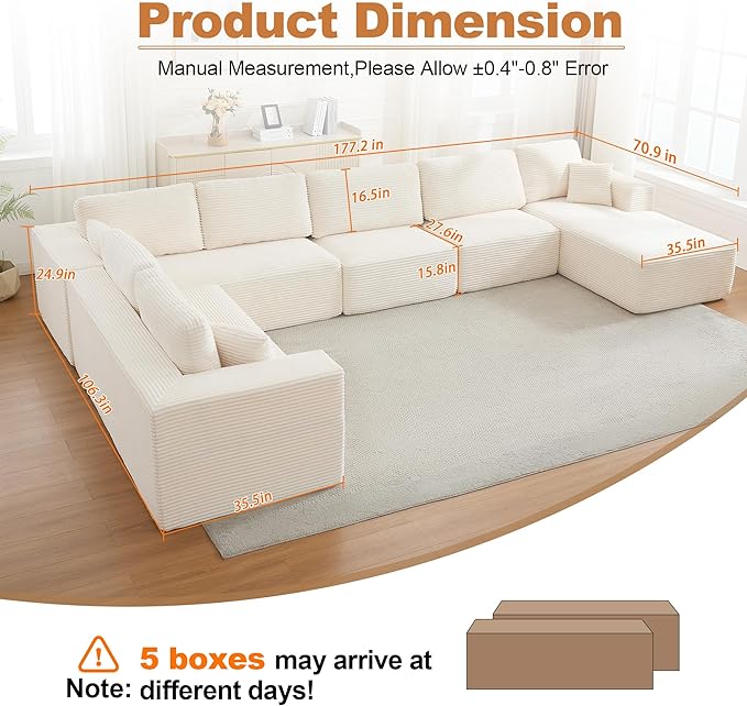 Modular Sectional Cloud Couch for Living Room,Modern Boneless Couche Set with Plush Corduroy,Comfy Floor Sofa with Memory Foam,Stupendous U Shaped Sofa with Chaise,No Assembly Required,Beige