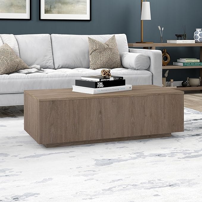 Henn&Hart 48" Fluted Rectangular Low-Profile Coffee Table for Living Room, Family Room, or Office, Antiqued Gray Oak