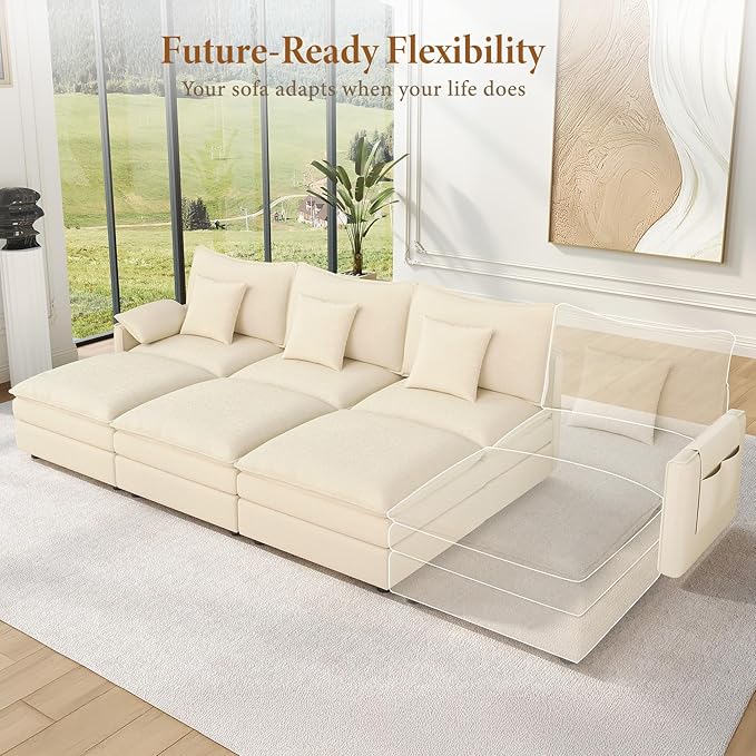 Vesgantti 108" Sectional Sleeper Sofa, 6-Seater Oversized Modular Cloud Couch with Movable Ottoman, Chenille Large Sofa Bed Convertible Deep Seat Couches for Living Room, Bedroom and Apartment, Beige