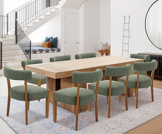 Modern Green Dining Chairs Set of 8, Walnut Upholstered Kitchen & Dining Room Chairs, Mid Century Modern Wooden Dining Chairs Oversized Sturdy Fabric Rounded Chairs Curved Back