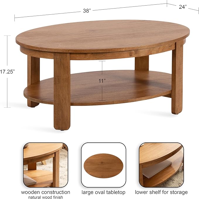 Kate and Laurel Foxford Modern Tiered Oval Coffee Table; 38 x 24 x 18; Natural Brown; Transitional Two-Tier Living Room Table with Storage and Resilient Wood Construction