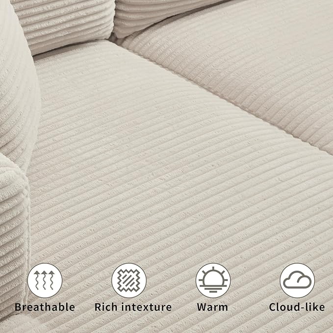 PELUMY 108.7" L-Shaped Modular Sectional Sofa with Oversized Chaise, Cloud Couch with Memory Foam, No Assembly Required Sleeper Sofa for Small Space Living Room, Apartment (Beige, Corduroy)