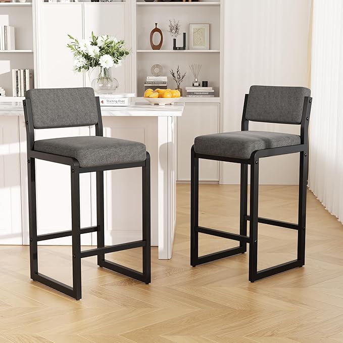 Bar Stools Set of 3, Fabric Counter Height Bar Stools with High Back and Metal Legs, Upholstered Bar Chairs, 26" Modern Barstools for Kitchen Island, Grey