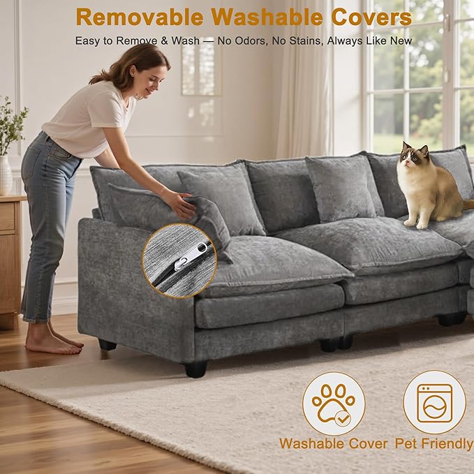 Cloud Chenille L-Shaped Sofa with Ottoman, 77" Space Saving Sectional Loveseat with Chaise, for Small Spaces, Easy Assembly, 1YR Warranty