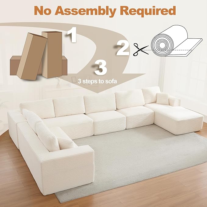 Modular Sectional Cloud Couch for Living Room,Modern Boneless Couche Set with Plush Corduroy,Comfy Floor Sofa with Memory Foam,Stupendous U Shaped Sofa with Chaise,No Assembly Required,Beige