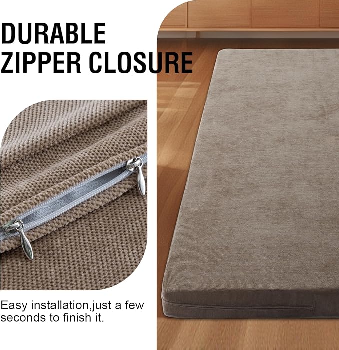 H.VERSAILTEX Twin Size Armless Futon Mattress Covers for Traditional Japanese Futon Mattress Soft Chenille Couch Slipcovers Floor Mats Sofa Protector Zippered Sleeper Sofa Cover,Taupe