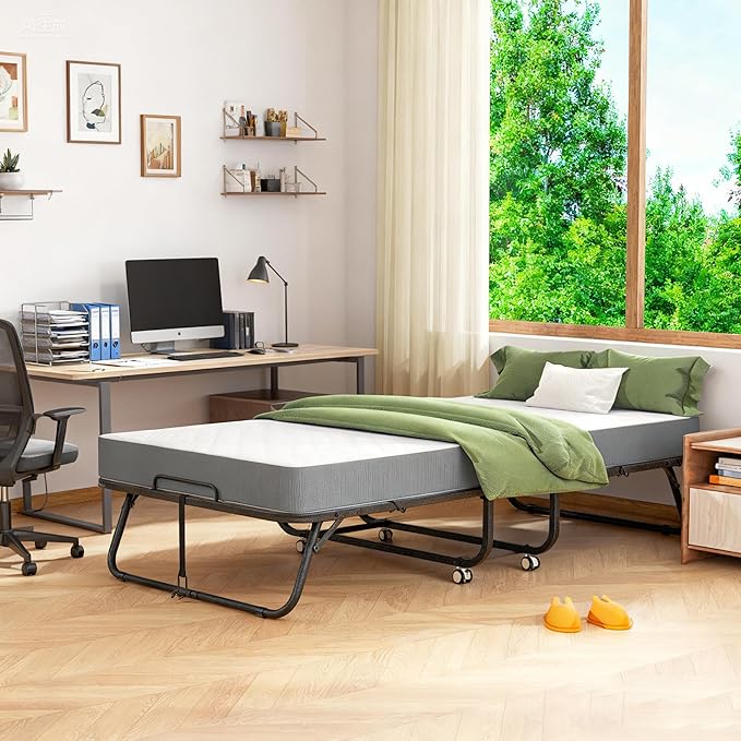 Pataku Folding Bed with Mattress, Twin Foldable Bed, Roll Away Beds for Adults, 75" x 38" Roll Away Portable Beds with 5" Mattress, Folded Frame for Small Apartment, Guest Room