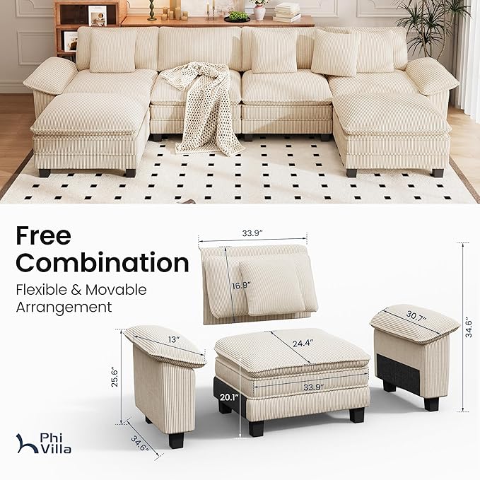 PHI VILLA Cloud Modular Couch Sets, 157.5" Sectional Sofa with U-Shaped Chaise, 6-Seater Couches with Movable Ottomans for Living Room, Corduroy Fabric, Beige