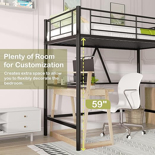 VECELO Metal Loft Bed Twin Size, Heavy Duty Bedframe with Removable Ladder and Safety Guardrail, Space-Saving, Noise Free, No Box Spring Needed, Matte Black