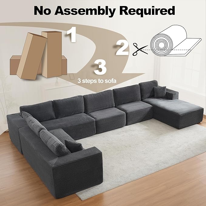 Modular Sectional Cloud Couch for Living Room,Modern Boneless Couche Set with Plush Corduroy,Comfy Floor Sofa with Memory Foam,Stupendous U Shaped Sofa with Chaise,No Assembly Required,Grey