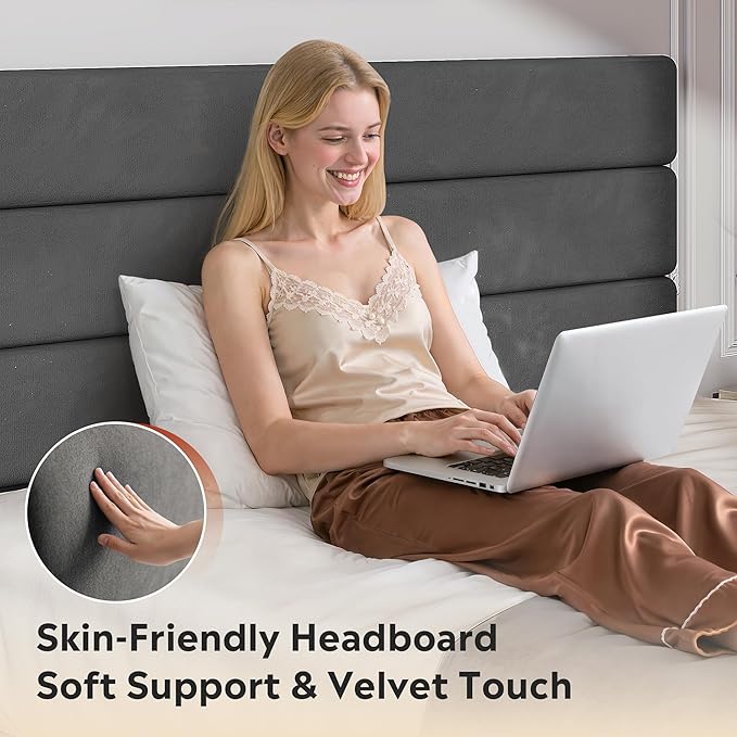 WLIVE Queen Size Upholstered Bed Frame, Velvet Square Tufted Headboard, Sturdy Metal & Wooden Slats Support, No Box Spring Needed, Light Grey