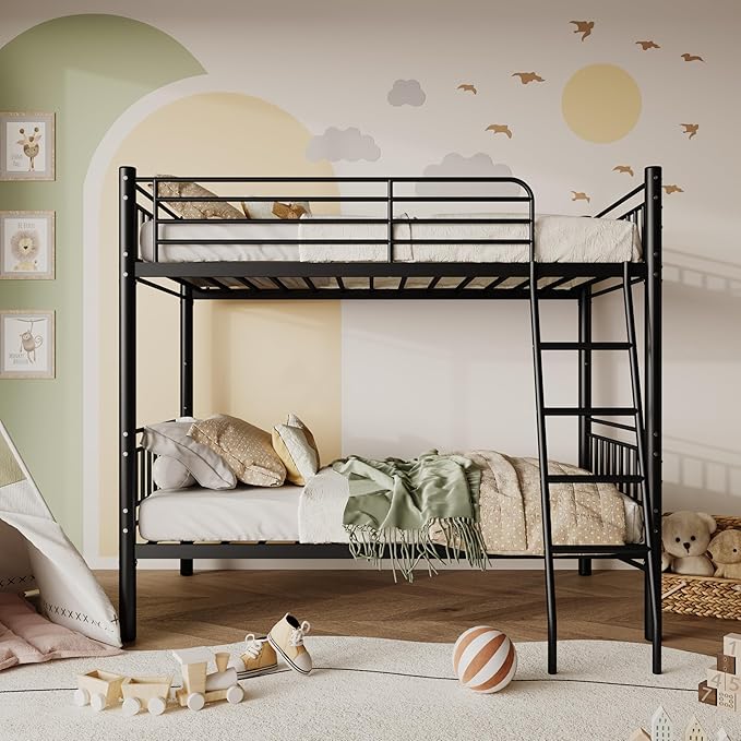 Metal Bunk Bed Twin Over Twin，Loft Bed with Removable Ladder and Full-Length Guardrail，Twin Bunk Beds Frame Heavy Duty Metal Slat Support for Adults, Kids and Young Teens (Black)