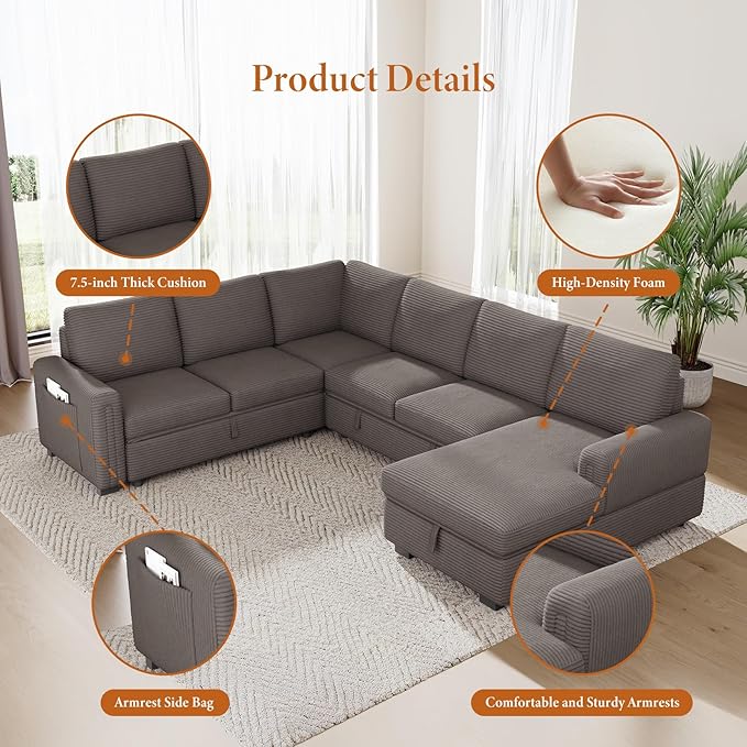 Vesgantti 113.6" Pull Out Sofa Bed with Chaise, 7 Seater U Shaped Sleeper Sofa with Storage Chaise, Corduroy Modular Sectional Couch for Living Room, Bedroom, Apartment, Light Coffee