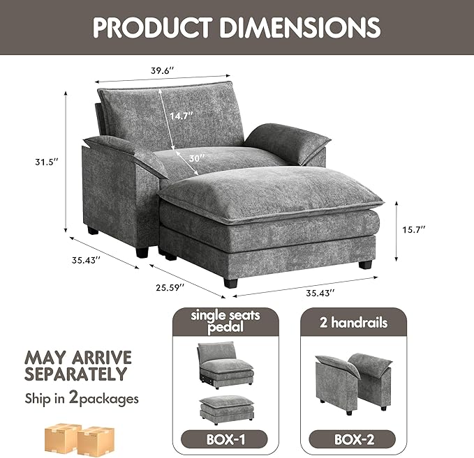 Homall 40" Modular Sectional Sofa, Single Sofa Couch with Reversible Ottoman, DIY Combination Chenille Deep 1-Seat Cloud Couch for Living Room, Apartment (Light Grey, Single Sofa Chair)