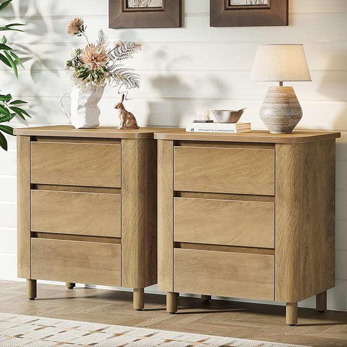 Tribesigns Modern Side Table Set 2 with 3 Drawers, 23.62" Wide End Table for Couch Sofa Living Room, Rustic Brown