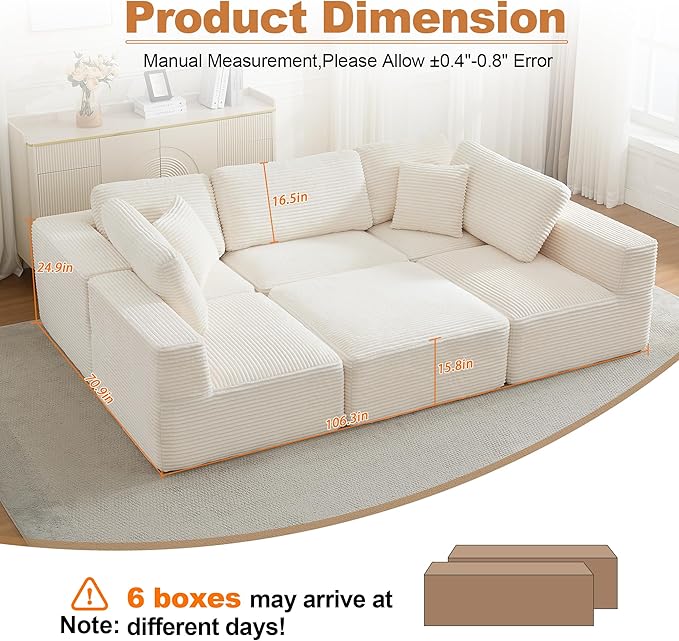 Cloud Modular Sectional Sleeper Sofa,U-Shape Modern Boneless Sectional Couch with Deep Seat,Upholstered Couches for Living Room Bedroom,No Assembly Required,Beige
