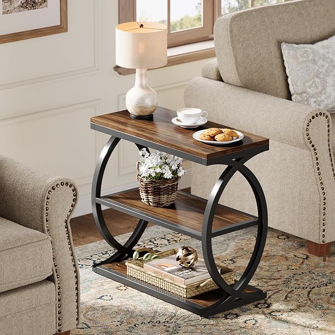 Tribesigns End Table, Narrow 3-Tier End Table for Living Room, Industrial Wooden Side Table with Metal Frame, Small Bedside Nightstand for Bedroom, Small Spaces, Rustic Brown