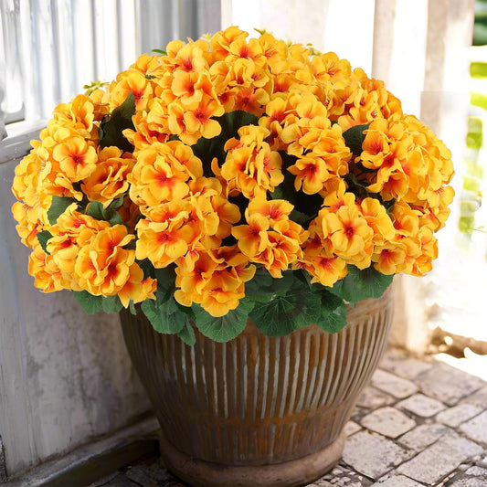 Hananona 12 Pcs Artificial Geranium Flowers for Outdoors Geranium Silk Yellow Flowers Outdoor UV Resistant Garden Plants Faux Fall Flower for Home Kitchen Table Centerpieces Decor (12, Yellow)
