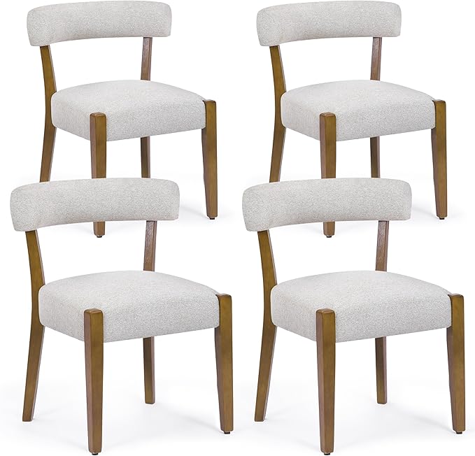 Modern Dining Chairs Set of 4, Walnut Upholstered Kitchen & Dining Room Chairs, Mid Century Modern Wooden Dining Chairs Oversized Sturdy Rounded Chairs Curved Back, Beige Fabric