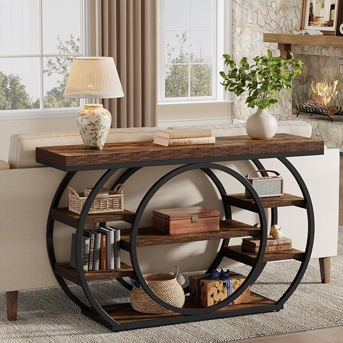 Tribesigns 47" Console Table, 5-Tier Industrial Entryway Table with Metal Frame, Narrow Sofa Table Behind Couch Accent Tables for Living Room, Hallway, Foyer, Rustic Brown