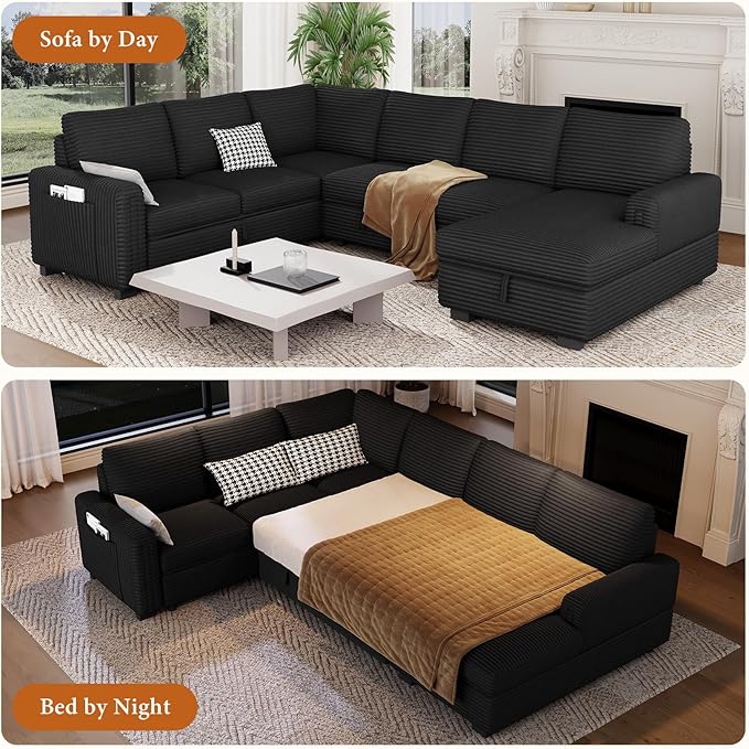 Vesgantti 113.6" Modular Sectional Sofa with Pull Out Couch Bed, 7 Seater U Shaped Sleeper Sofa with Storage Chaise, Corduroy Sectional Couch for Living Room, Bedroom, Apartment, Black