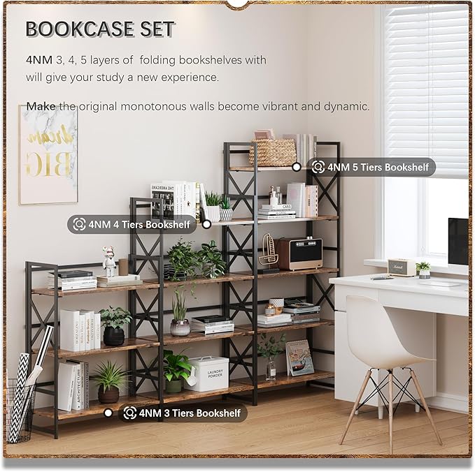 4NM 4 Tiers No Assembly Book Shelves, 41.3" H Folding Bookshelf Bookcase Open Industrial Foldable Shelves for Bedroom, Living Room, Home Office - Rustic Brown Black