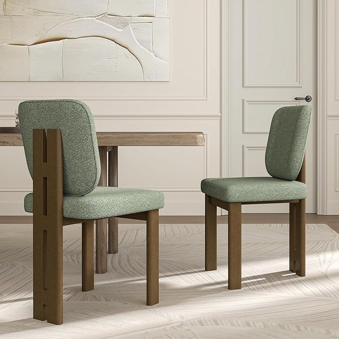 Modern Dining Chairs Set of 4, Farmhouse Chenille Upholstered Wooden Kitchen Chairs with Back, Side Armless Dining Room Chairs with Walnut Wood Legs for Kitchen Restaurant, Green