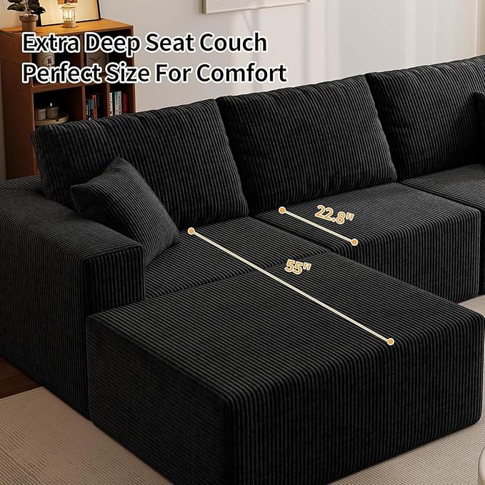 110" Boneless Cloud Sectional Couch for Living Room, Compressed Modular L-Shaped Sofa with Deep Seat, Frameless Corduroy Couch in Boxes, No Assembly Required 3-Seater (Left-Facing Chaise, Black)