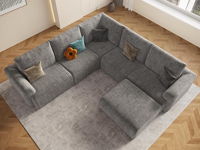 EASE MOOSE Boneless Modular Cloud Couch, Oversized U-Shaped Sectional Sofa for Living Room with Ottoman, Extra Large Movable Couches, 6-Deep-Seat Sofas for Bedroom, Apartment, Chenille (Light Grey)