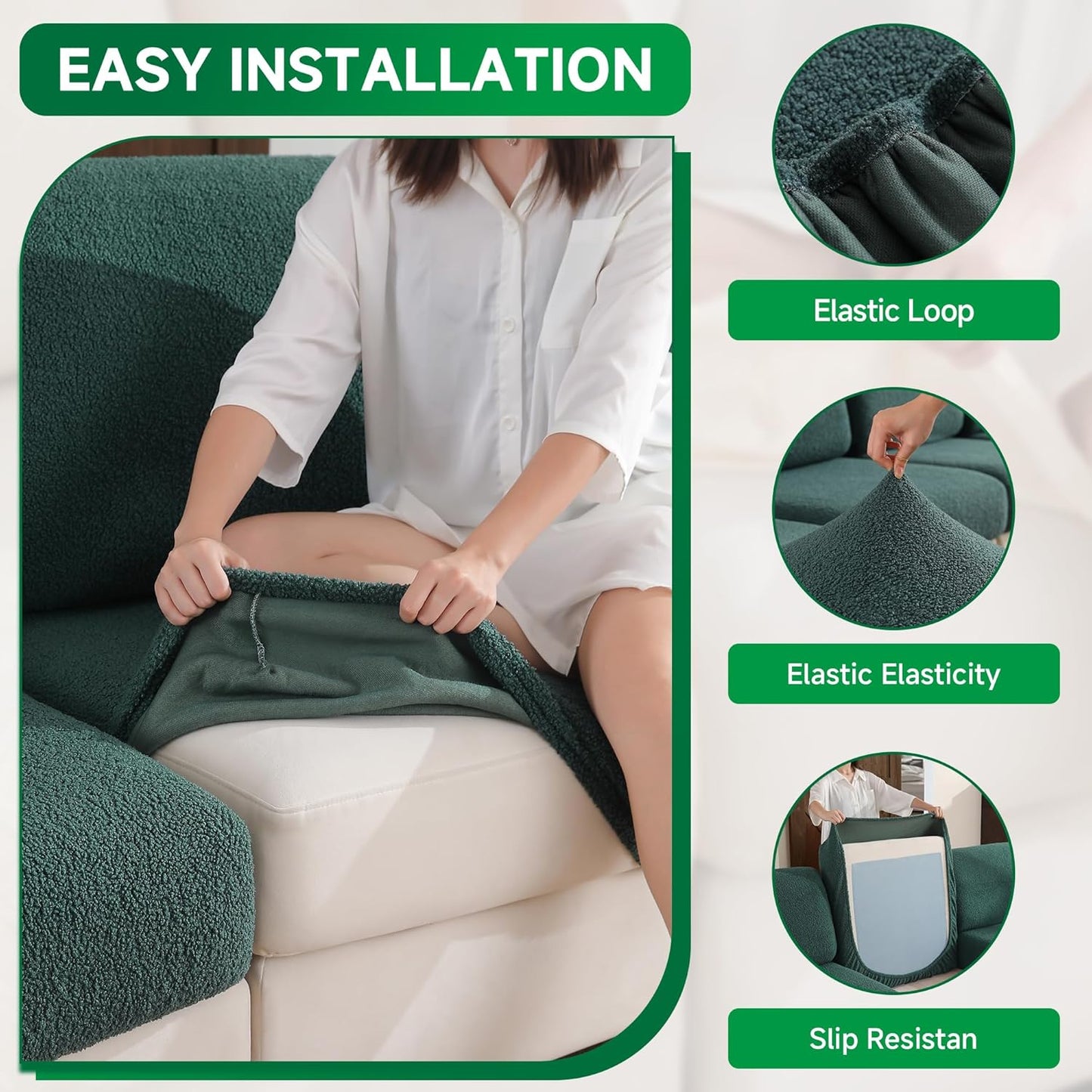Couch Cushion Covers for Sectional Sofa, Stretch Soft Sofa Slipcovers Washable Wear-Resistant Universal Furniture Protector for Living Room(1 Piece Oversized Cover, Green)