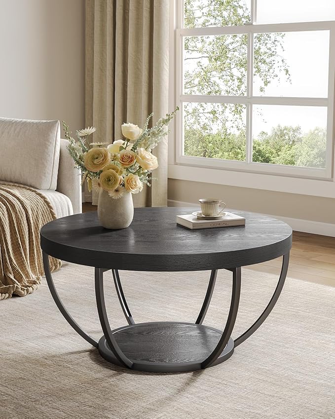 LITTLE TREE Round Coffee Table, 32" Circle Coffee Table for Living Room, 2-Tier Wood Accent Center Table with Open Storage Industrial Design Home Furniture (Black)