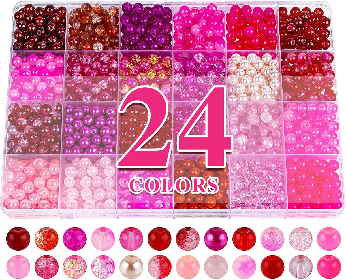 XSEINO About 1200PCS 6mm Glass Beads Bracelet Making Kit,24 Assorted Red and Pink Series Colorful Crystal Beads for Bracelet and Jewelry Making and DIY Crafts,Friendship Bracelets