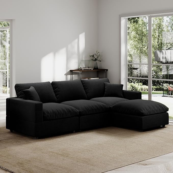 Modern Sectional Linen Cloud Couch for Living Room L Shape Modular Filled-Down Sofas,Detachable Couch Cushion Covers,Cozy Feather Down Sofa for Apartment Black