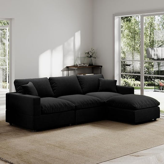 Modern Sectional Linen Cloud Couch for Living Room L Shape Modular Filled-Down Sofas,Detachable Couch Cushion Covers,Cozy Feather Down Sofa for Apartment Black