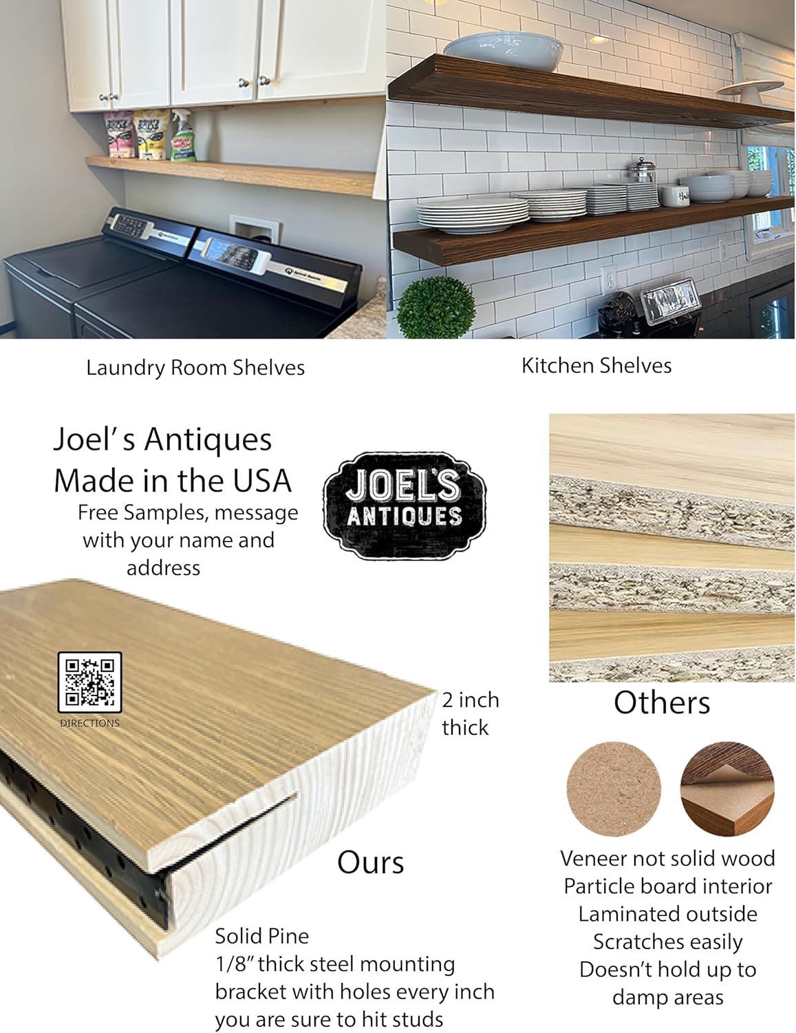 joelsantiques 60 Inch Wooden Floating Shelves for Wall - 60x8x2 in - Made of Natural Wood - Long Heavy Duty Rustic Wall Shelves for Bedroom - Perfect for Living Room, Kitchen - Made in USA - Mocha