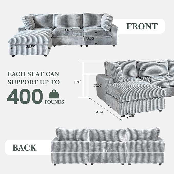 Sectional Couches for Living Room, L Shaped Couch with Chaise Ottoman, 4 Deep Seat Cloud Couch with Removable Covers, Modular Sofa for Home, Apartment, Gray