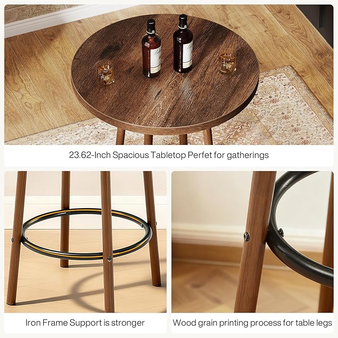 Tribesigns 3 Pieces Bar Table Set, 23.6" Round Pub Table, Small Bar Height Pub for 2, Industrial Home Bar Unit Set with 2 Stools for Kitchen, Dining Room, Living Room & Bistro, Rustic Brown